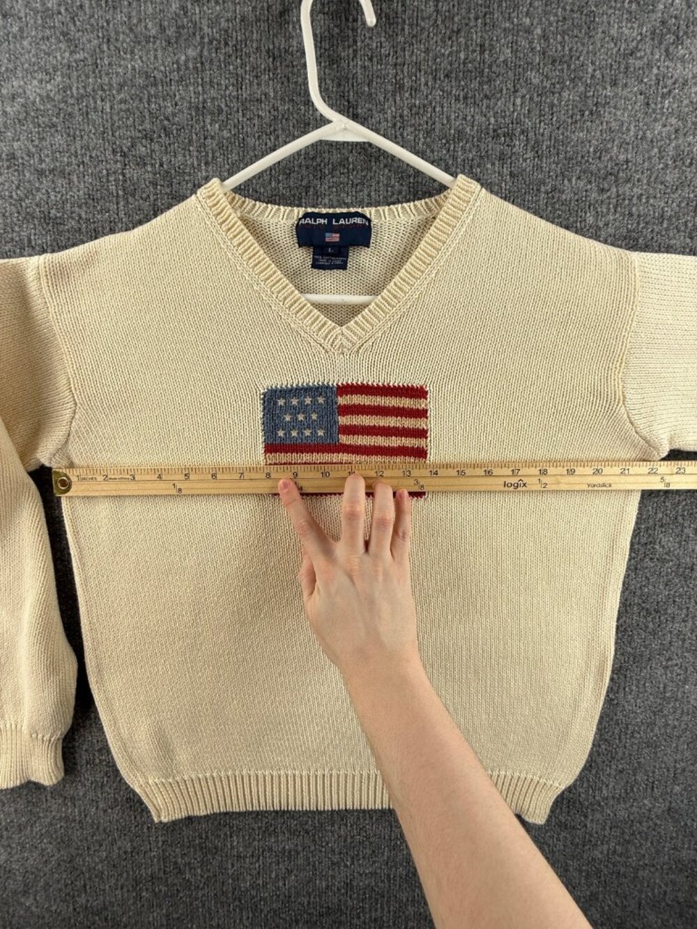 Ralph Lauren Sport USA Flag Graphic Ivory Large V-Neck Sweater Pullover Designer - Picture 7 of 16